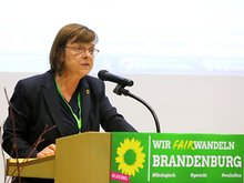 Ursula Nonnemacher spricht auf dem Landesparteitag in Wildau im November 2018 zum Parteiprogramm. Sie hat einen dunklen Blazer an und steht am Rednerpult, das mit dem bündnisgrünen Logo geschmückt ist.
